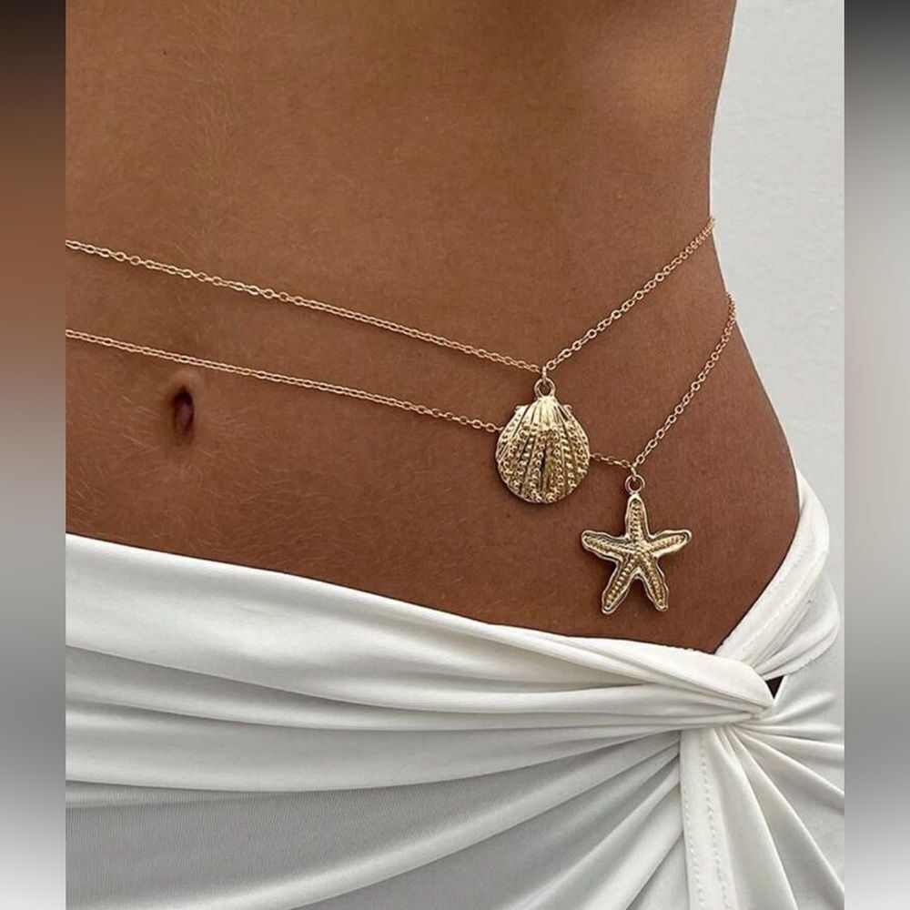 Gold Starfish and Shell Charm Waist Chain A1273